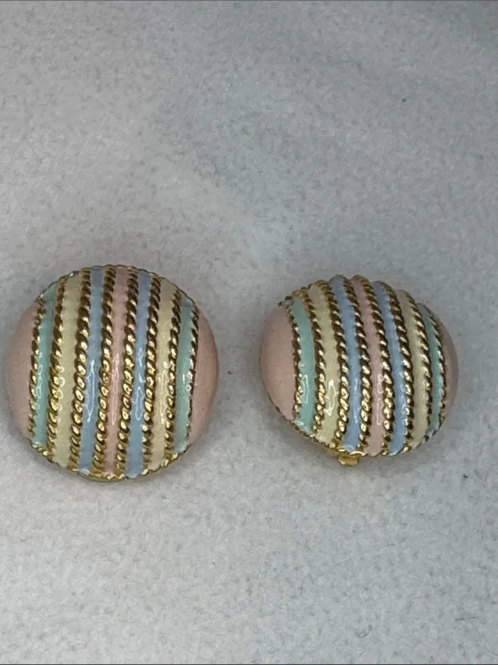 Pastel Striped Gold-Trim Round Clip Earrings - Pink, Mint & Blue